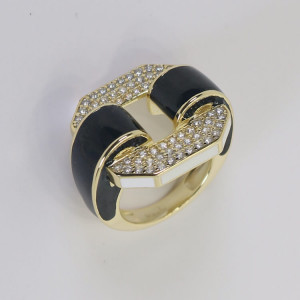 Anillo sello circonitas esmaltado negro y blanco Dynasti I Madrid68
