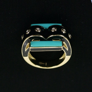 Anillo cuadrado dorado esmaltado azul y negro Blues I Madrid68