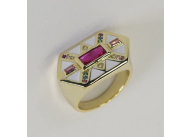 Anillo sello geométrico esmaltado blanco con piedras Maxim I Madrid68